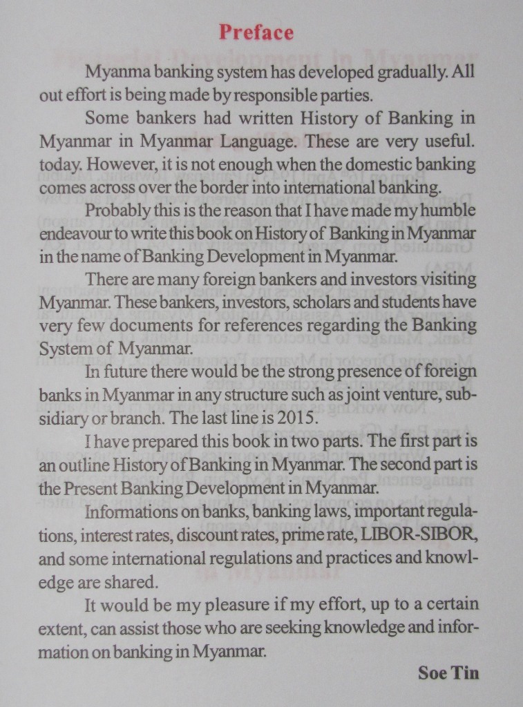 Financial Developments in Myanmar Preface