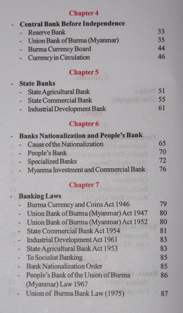 Financial Developments in Myanmar Table of Contents Chapters 4-7