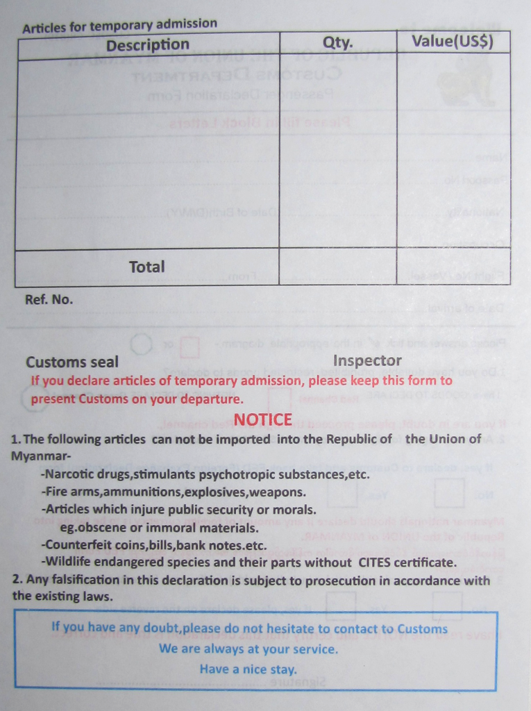 Myanmar Customs Declaration Form (Back) 2013